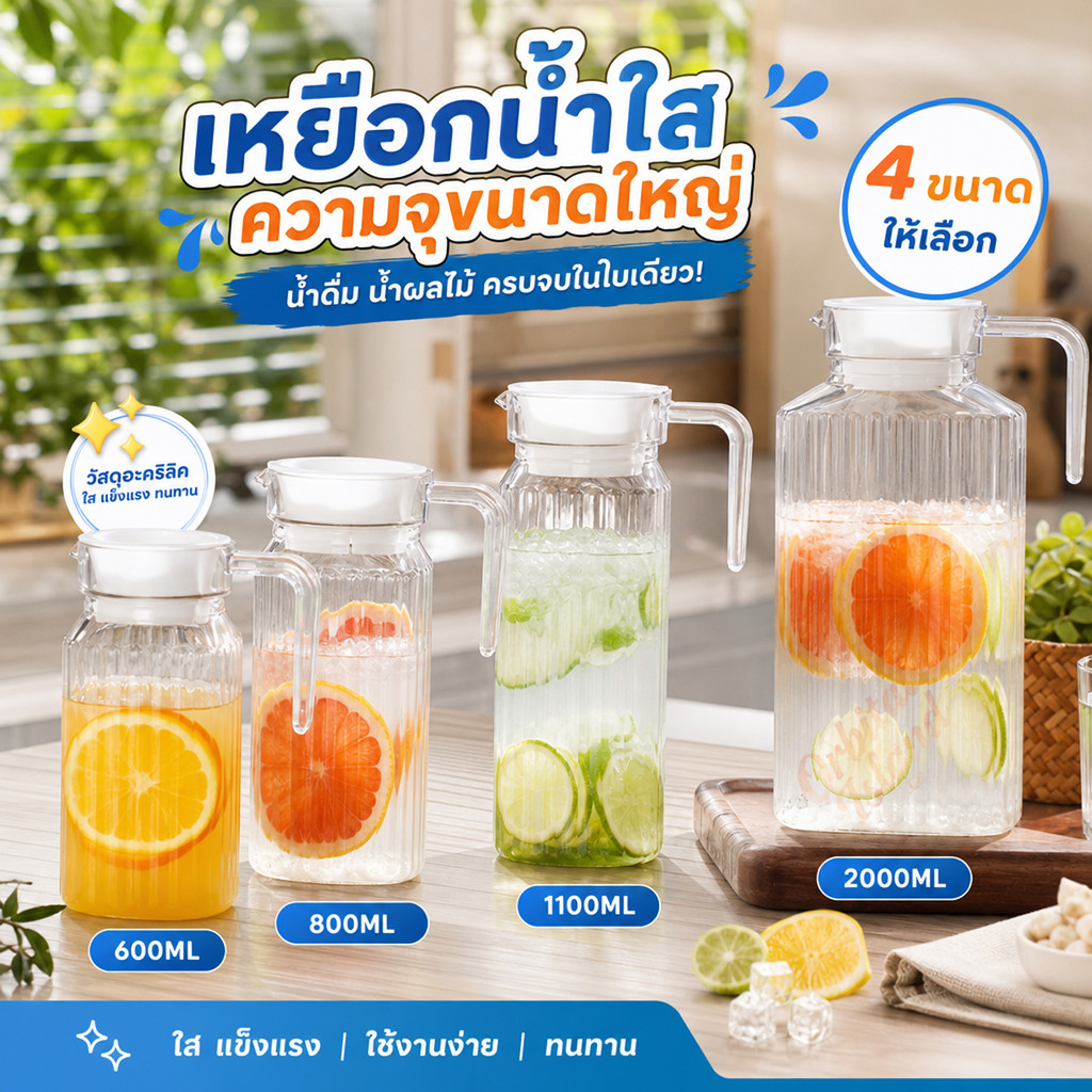 เหยือกนํ้าใสอะคริลิค 600/800/1100/2000มล เหยือกนํ้าผลไม้ เหยือกเทน้ำเย็น ขวดน้ําเครื่องดื่ม