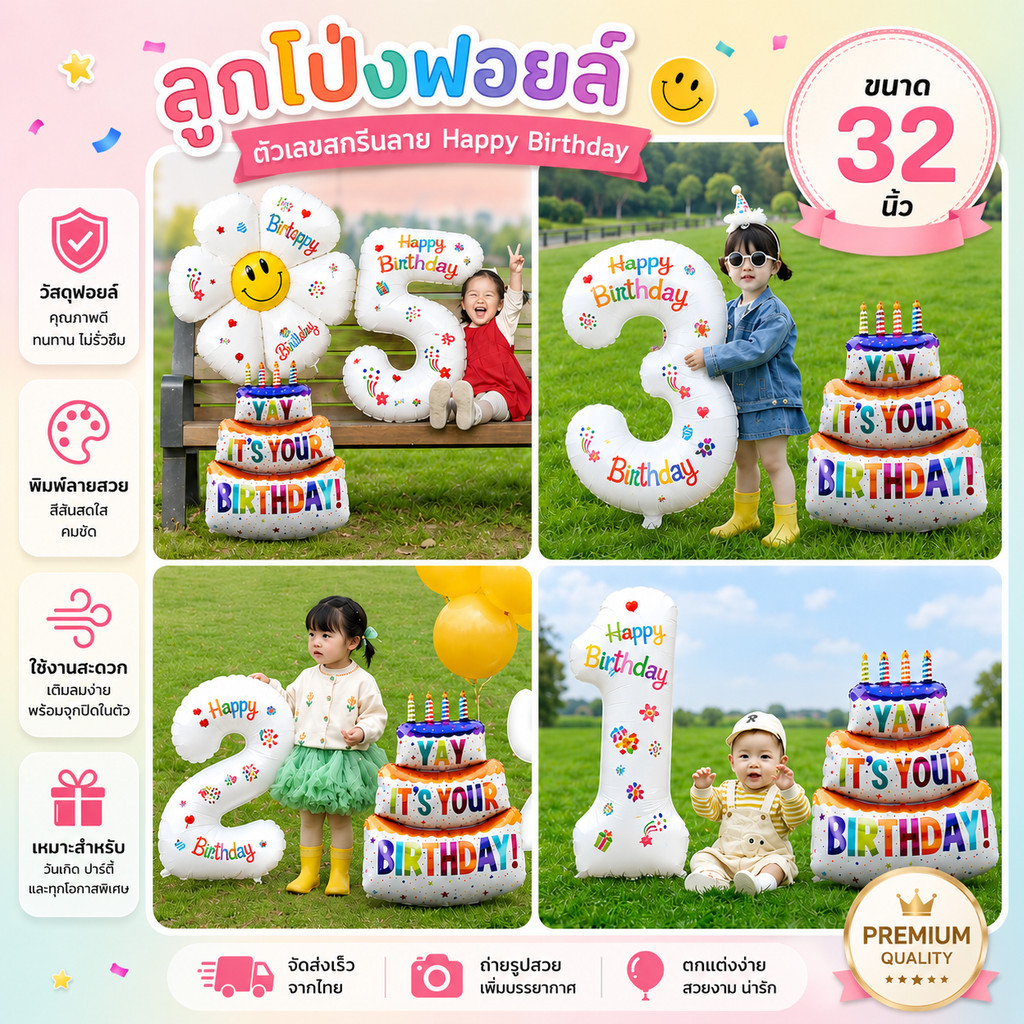 ลูกโป่งฟอยล์ตัวเลขสีขาว เลข32นิ้ว เลขวันเกิด ดอกเดซี่ เค้กวันเกิด