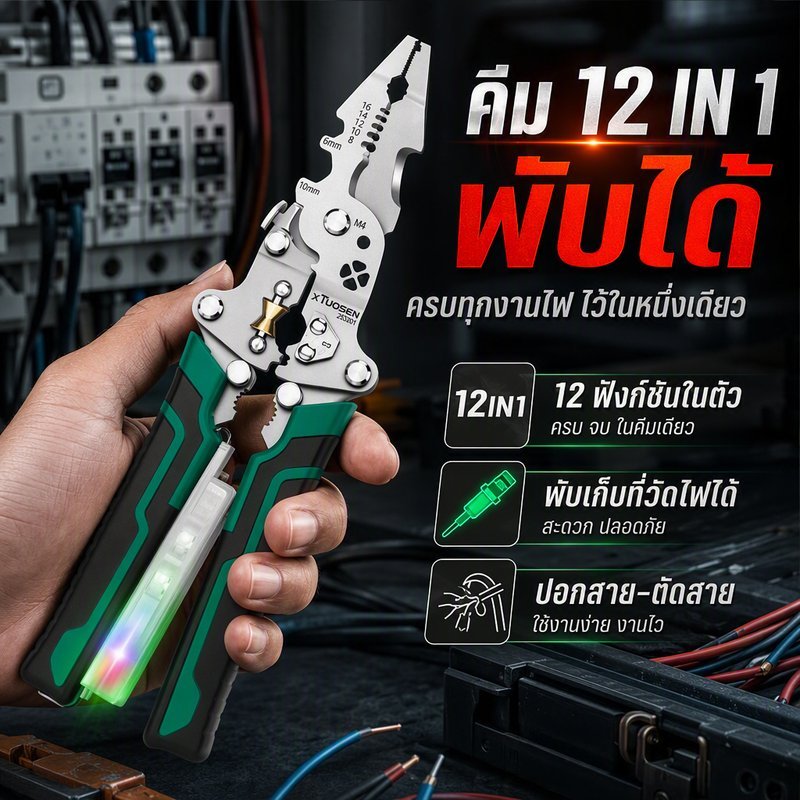 คีมปอกสายไฟ อเนกประสงค์ 12in1 พับได้ คีมช่าง ปากแหลม ตัดสาย ดึงสาย พร้อมปากกาวัดไฟ