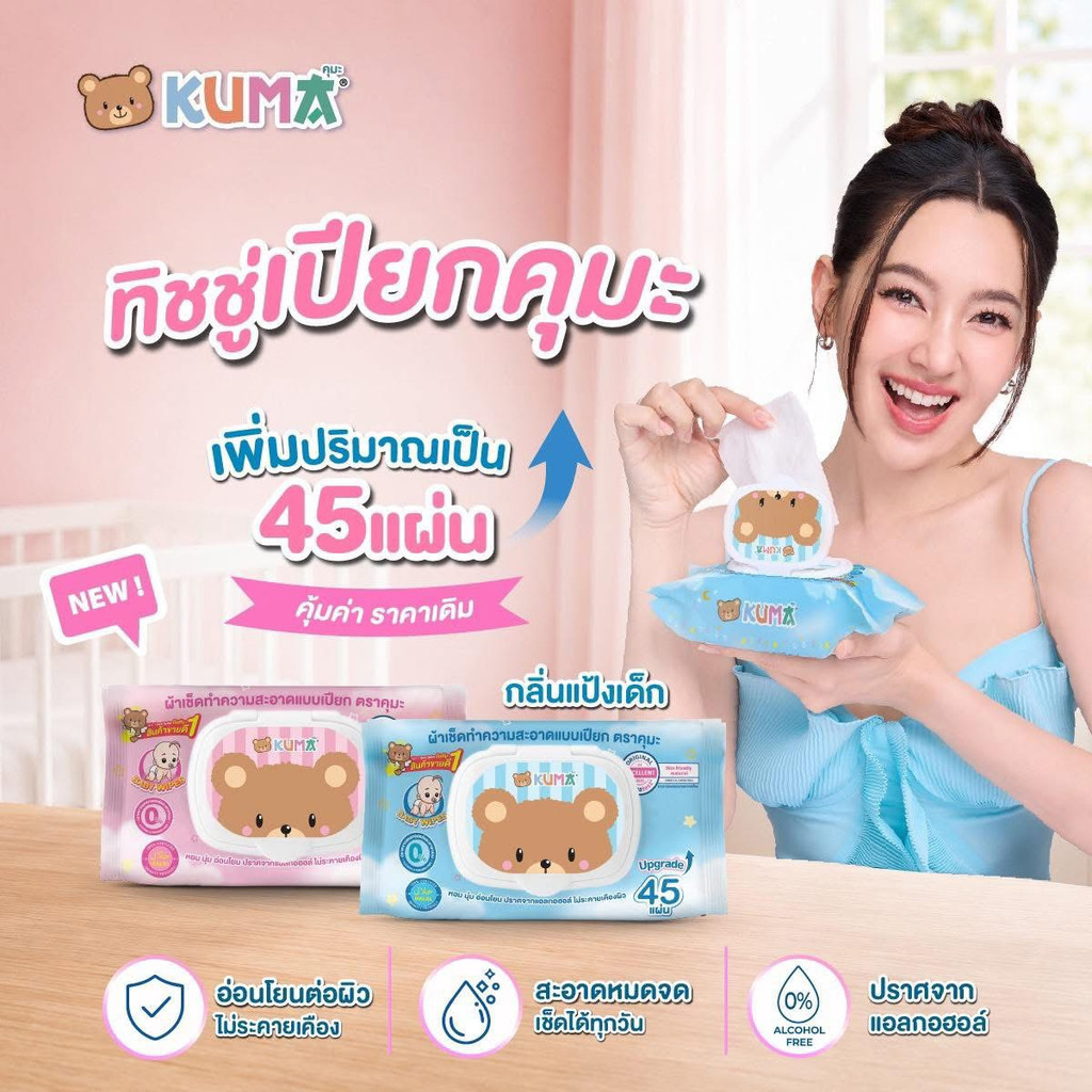 (1ห่อ) KUMA ทิชชู่เปียกคุมะ รุ่นฝาปิด 45 แผ่น  (คละสี)