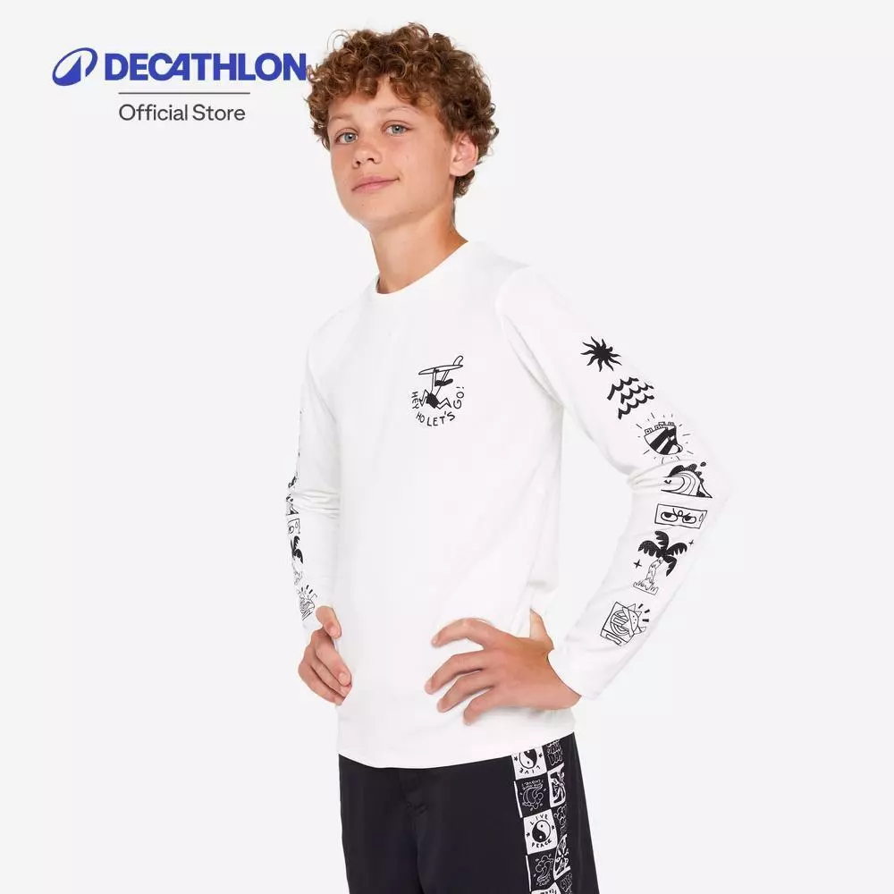 Decathlon Kids’ Surfing Long Sleeve UV-Protection T-Shirt เสื้อโต้คลื่นแขนยาวป้องกันรังสียูวีเด็ก รุ่น 100 - White