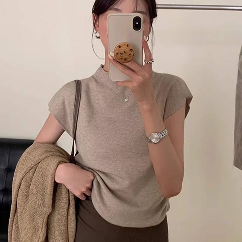 GDT1 French ครึ่งคอเต่าแขนสั้นเสื้อยืดผู้หญิงฤดูใบไม้ร่วงด้านหน้าไหล่ Slim-Fit เสื้อสวมหัว Bottoming