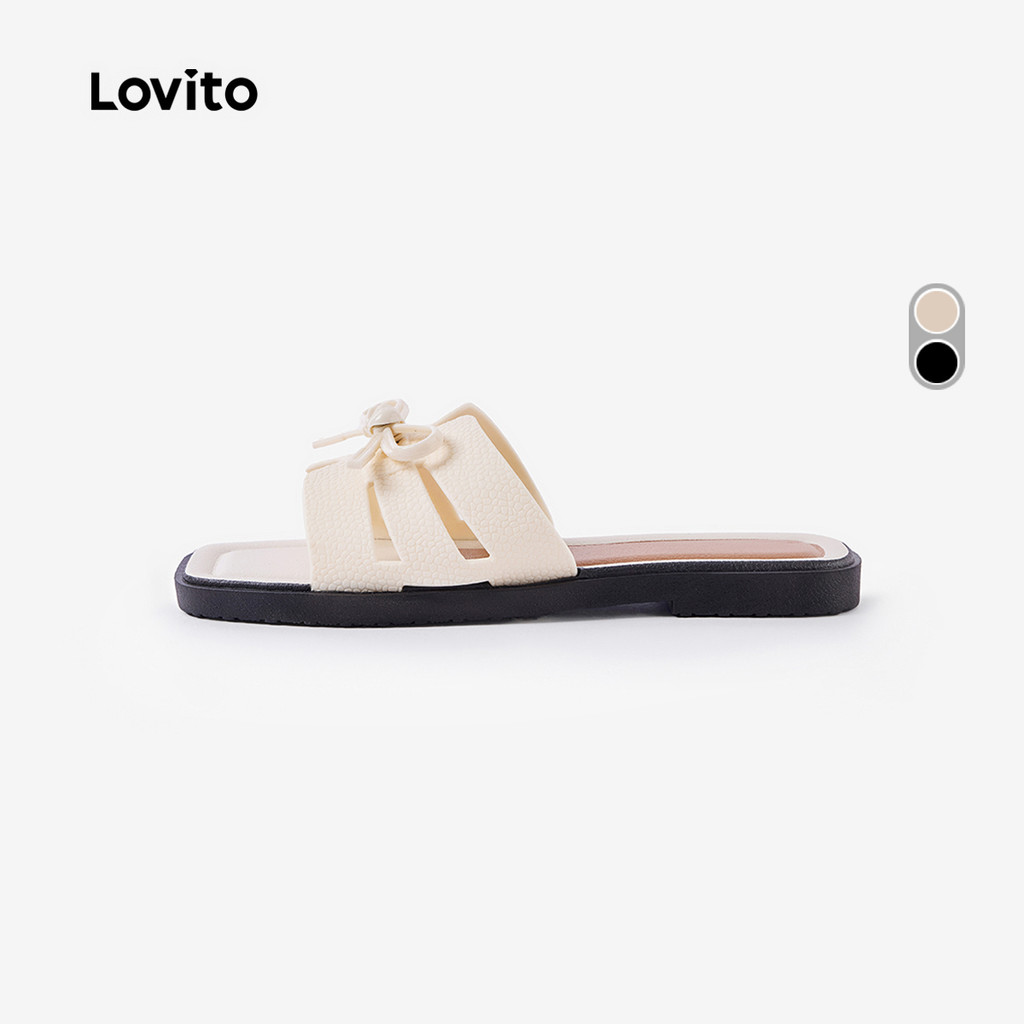 (New Arrival) Lovito  รองเท้าแตะแบบเรียบสําหรับผู้หญิง สีขาวงาช้าง ประดับโบว์สไตล์เรียบง่าย สง่างาม ใส่สบาย FSFB124FX027
