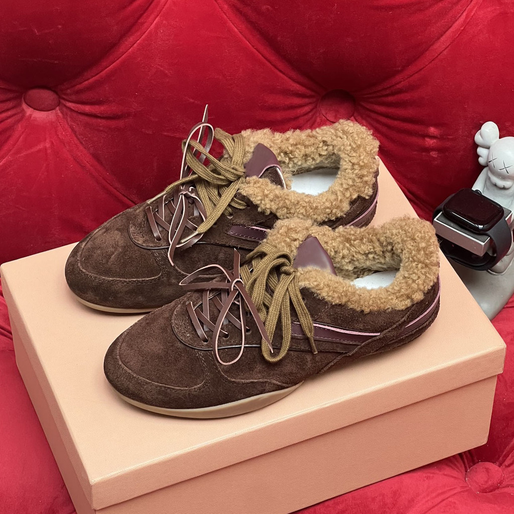 B3UJ Retro แบนของแท้หนัง Wool Home Help Training Warm miu รองเท้าผู้หญิง Lace-Up Low Casual รองเท้าส
