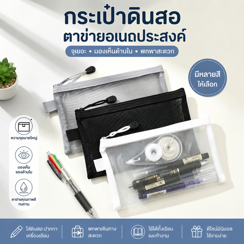 กระเป๋าดินสอตาข่าย กระเป๋าใส่เครื่องเขียนความจุเยอะ โปร่งใส มองเห็นของด้านใน ซิปลื่น น้ำหนักเบา พกพาสะดวก สำหรับนักเรีย