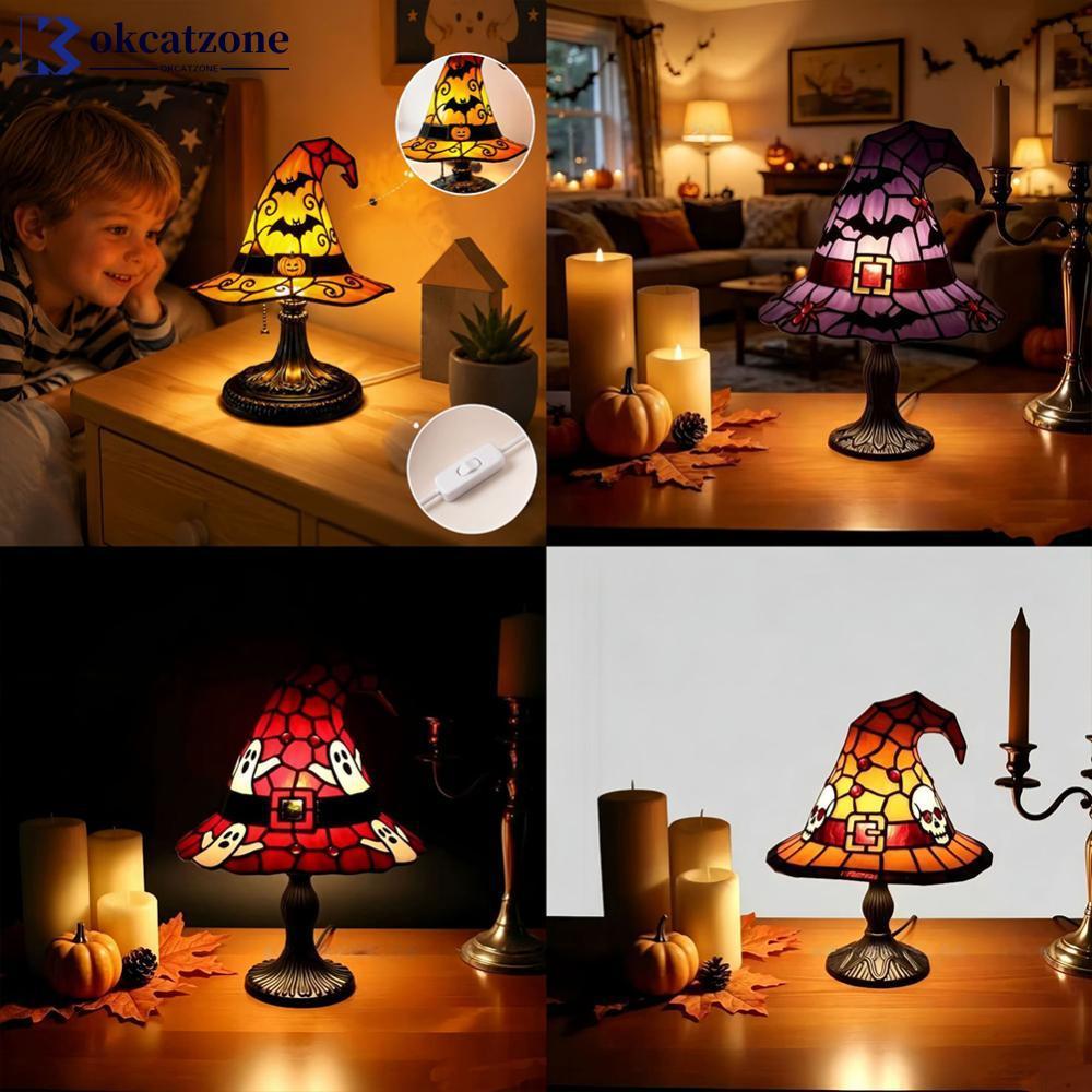 OKCATZONE USB ขับเคลื่อนกระจกสีแม่มดหมวกเรซิ่น Night Light Gothic Creative โคมไฟตั้งโต๊ะเดสก์ท็อปเคร