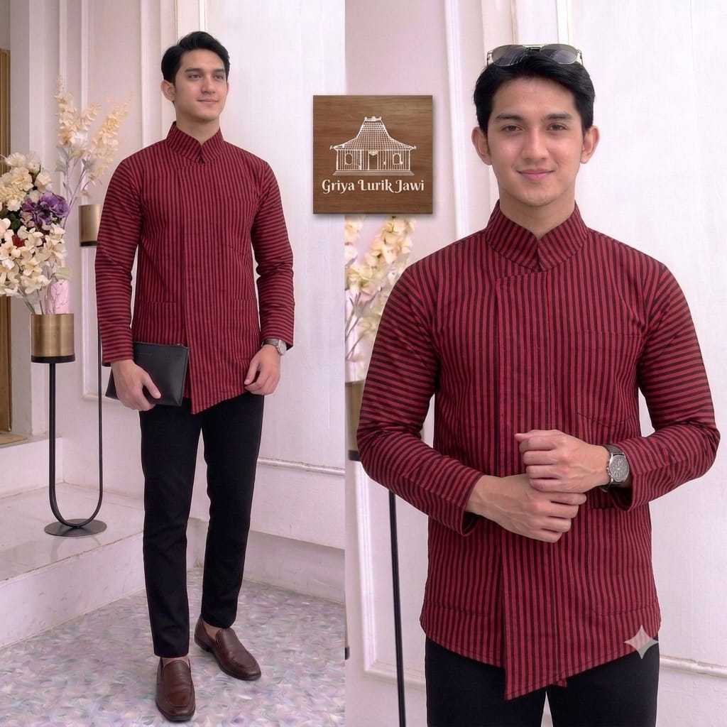 MERAH Red Adult Mens Surjan Shirt I Red Adult Mens Lurik Shirt I Red Adult Mens Lurik Surjan Shirt I