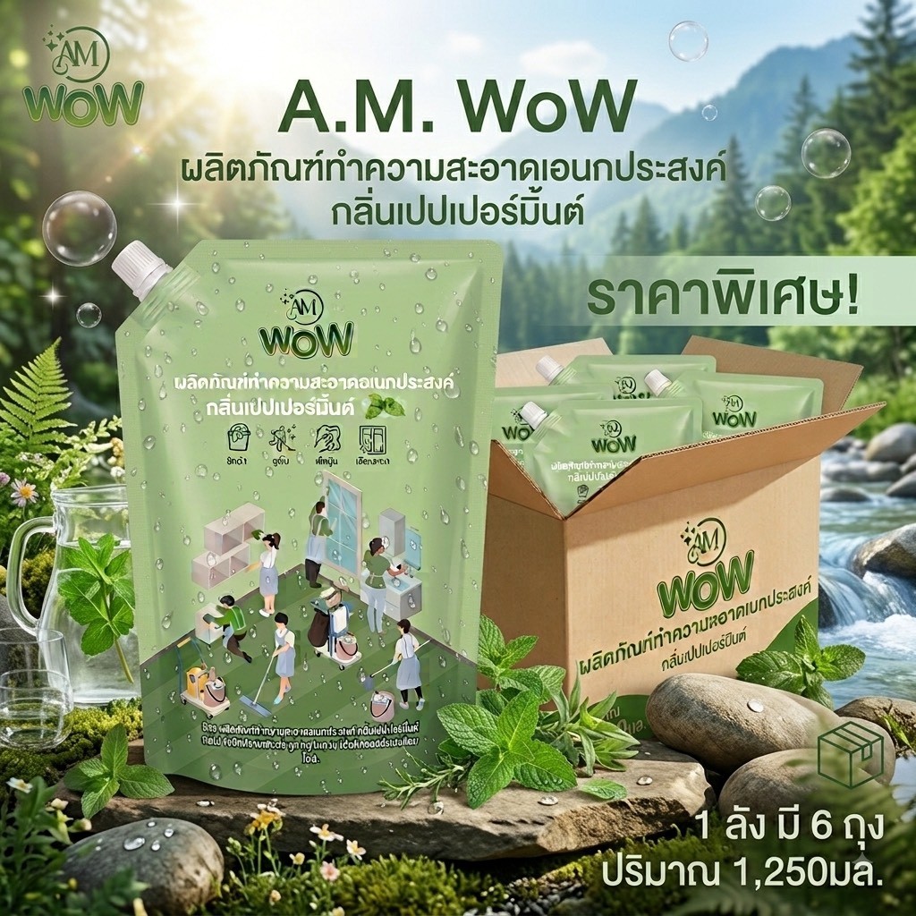 WOW A.M. น้ำยาทำความสะอาดอเนกประสงค์ เปปเปอร์มินต์ 1,250 มล. 6 ถุง/ลัง