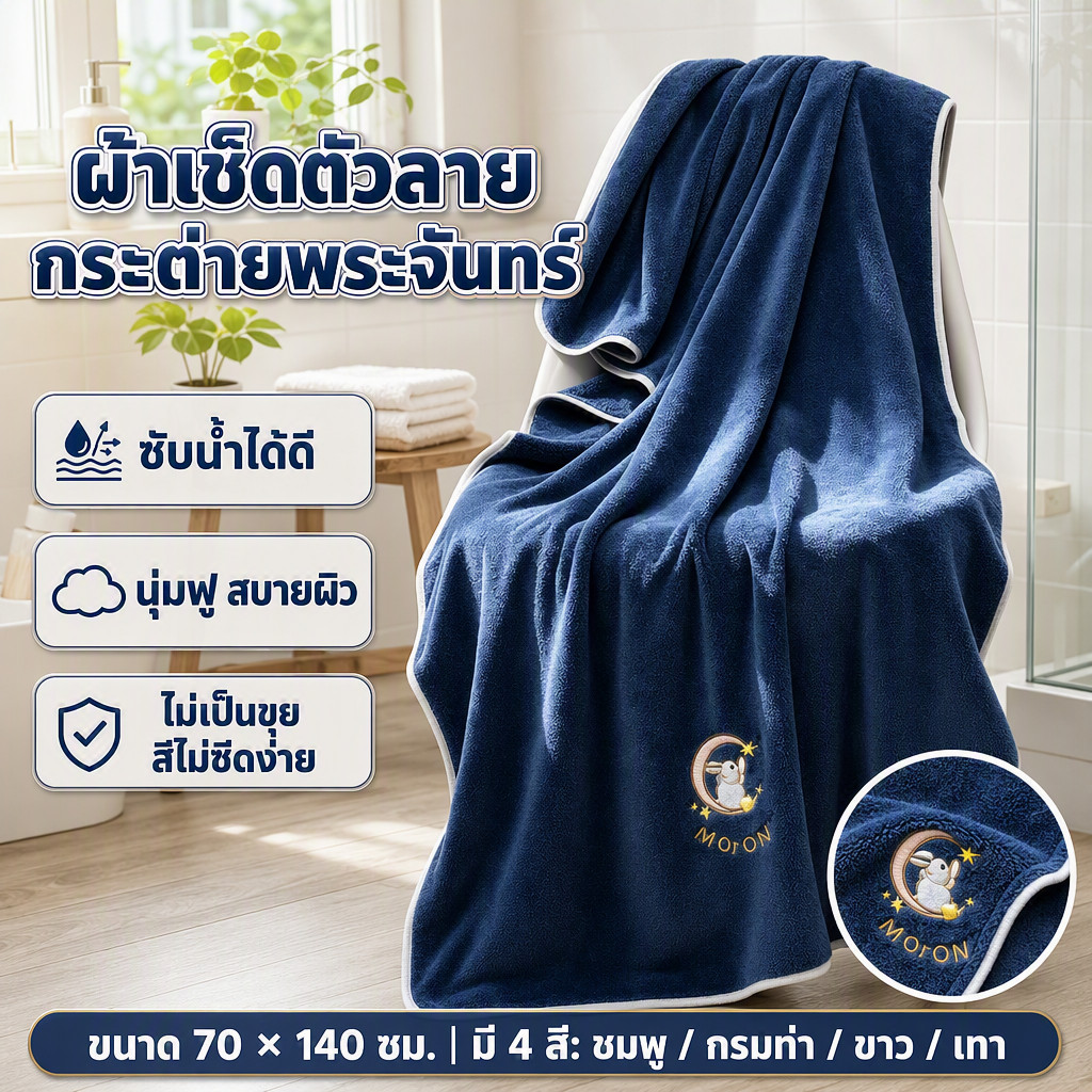ผ้าเช็ดตัว 70x140 ซม ผ้าเช็ดตัวคอรัลเวลเว็ต ลายกระต่ายบนพระจันทร์ นุ่มฟู ซับน้ำเร็ว bath towel