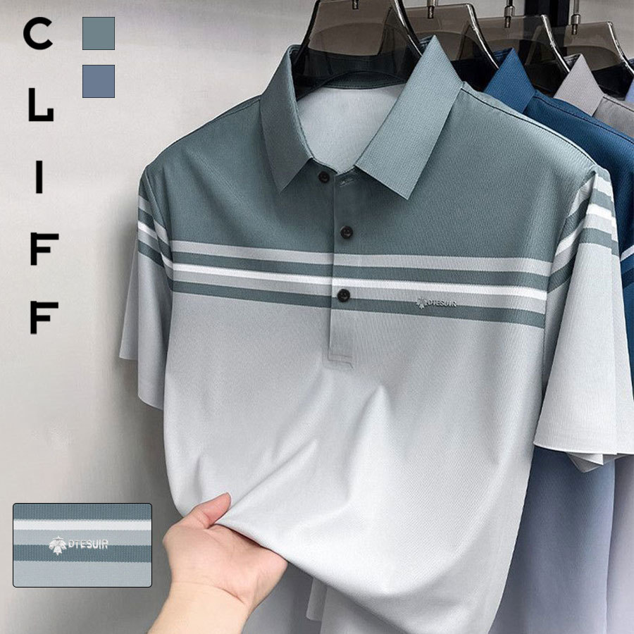 CLIFFเสื้อโปโลผู้ชายสไตล์ธุรกิจ ดีไซน์โลโก้ปัก ผ้าไม่ยับ ลายริ้วสีตัดกัน เฉพาะสำหรับผู้ชาย เหมาะสำหรับแต่งตัวฤดูร้อน