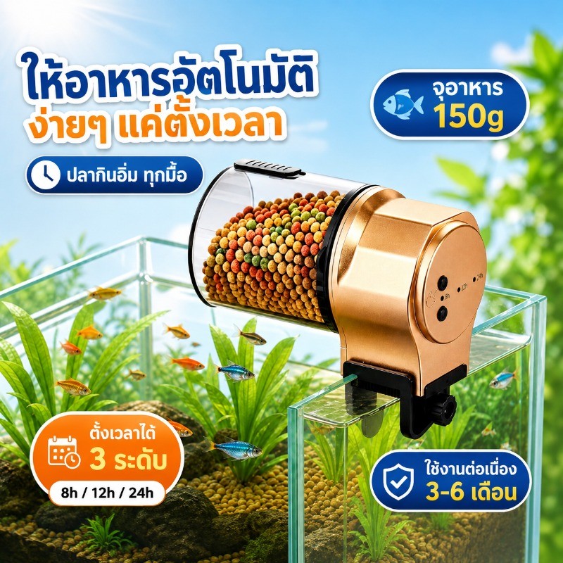 เครื่องให้อาหารปลาอัตโนมัติ ตั้งเวลา 8/12/24 ชั่วโมง ปรับปริมาณอาหารได้ ความจุ150กรัม ติดขอบตู้ปลาได้