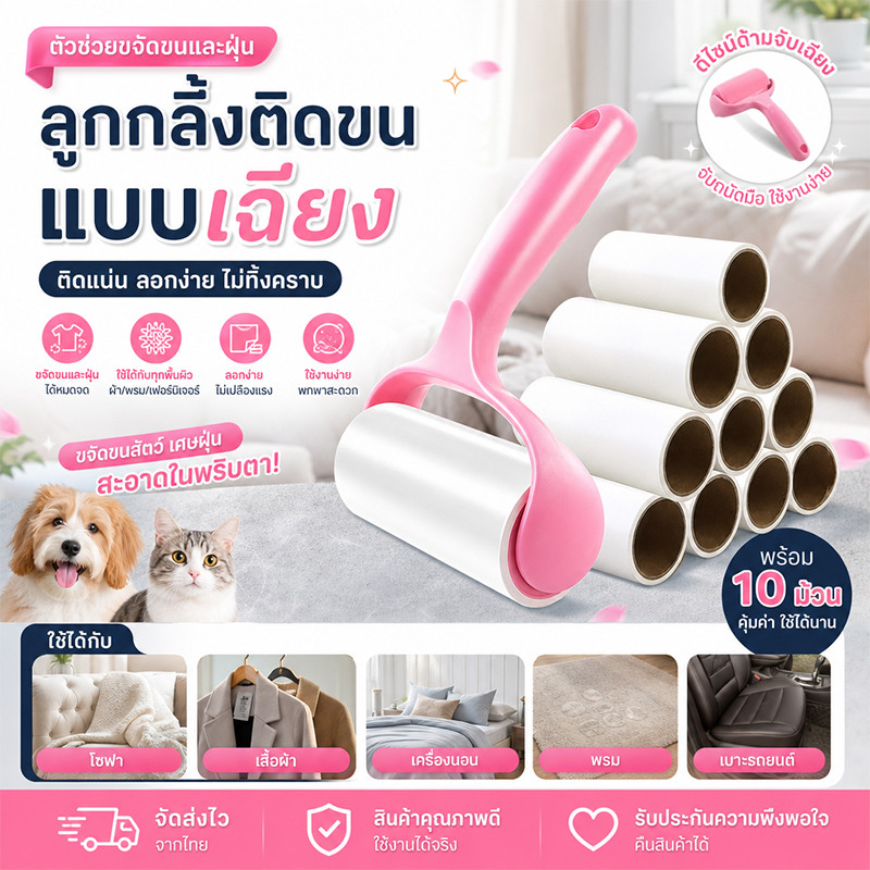พร้อมส่ง🔥ลูกกลิ้งเก็บฝุ่น ลูกกลิ้งกำจัดขน กาวลูกกลิ้งทำความสะาด กำจัดขนสุนัขขนแมวออกจากเสื้อผ้า
