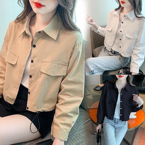 mimi&didi-เสื้อแจ็กเก็ตทำงานสไตล์เรโทรแบบฮ่องกงสีขาว คอปกโปโล สำหรับผู้หญิง เหมาะสำหรับฤดูใบไม้ผลิและฤดูใบไม้ร่วง-W770