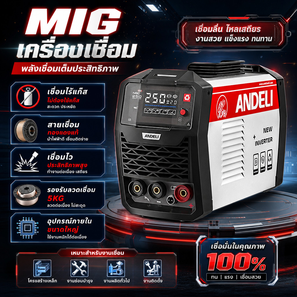 ⚡ตู้เชื่อมไม่ใช้แก๊ส ตู้เชื่อม MIG ตู้เชื่อม CO2 ANDELI 3 ระบบ ลวดเชื่อมไม่ติด กระแสไฟนิ่ง MIG
