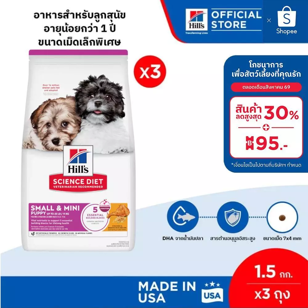 [เซตสุดคุ้ม] Hill's Science Diet Puppy Small & Mini อาหารลูกสุนัขพันธุ์เล็ก หรือแม่สุนัขตั้งท้อง ขนาด 1.5 กก./ถุง(3 ถุง)