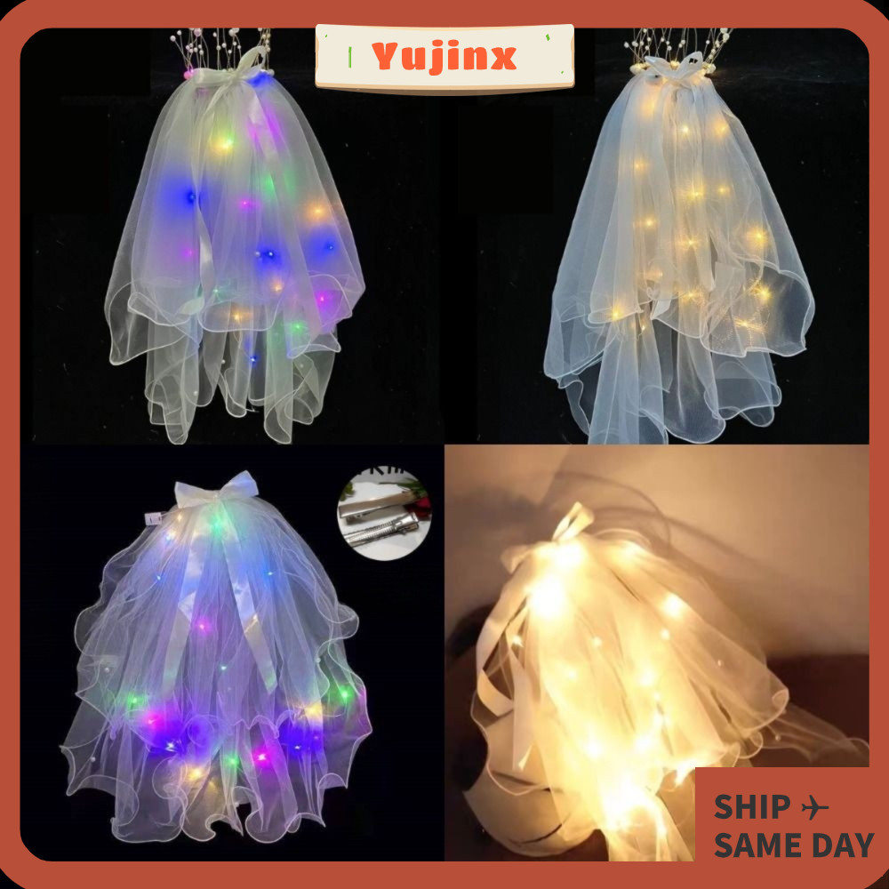 YUJINX LED Light Veil,อุปกรณ์เสริมผม Bowknot Glow Wedding Veil, Sparkling Bride Wedding Veil เด็กโปร