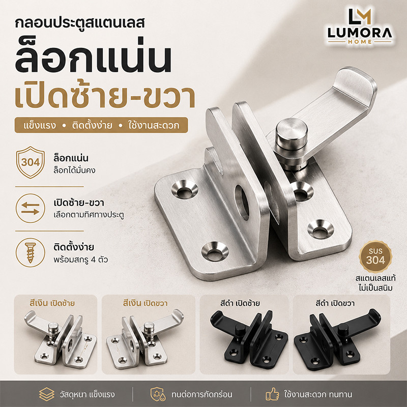 กลอนประตูสแตนเลส กลอนล็อคประตู กลอนสับ ขนาดเล็ก เปิดซ้าย-ขวา สีดำ/สีเงิน แข็งแรง ทนทาน ติดตั้งง่าย พร้อมสกรู