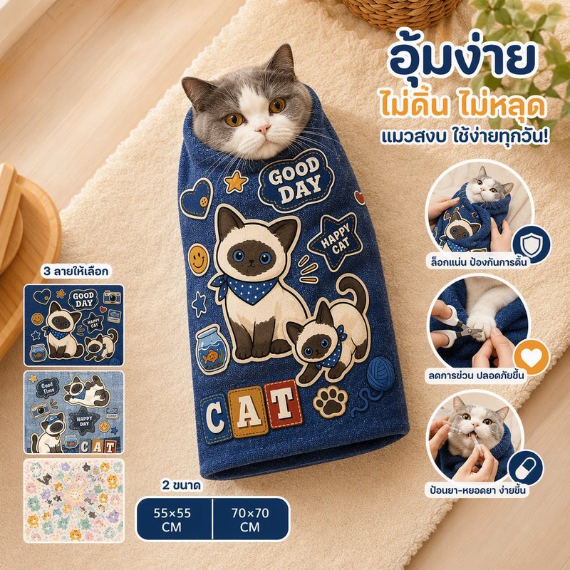 ผ้าห่อตัวแมว ผ้าพันตัว กันข่วน ลดดิ้น ป้อนยา ตัดเล็บ ซักเครื่องได้ ลายมินิมอล