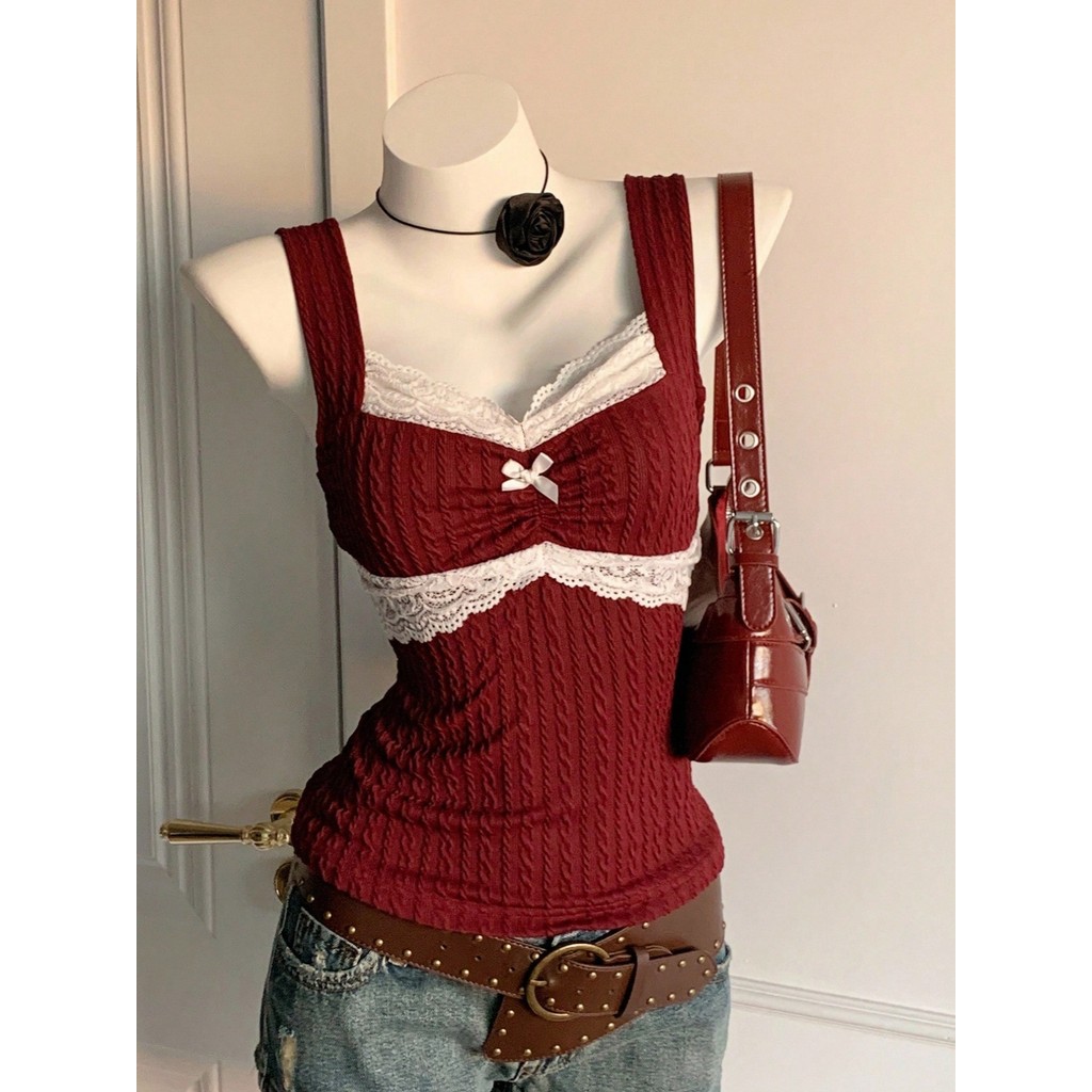 装Y2K风士吊带背心蕾丝镶边蝴蝶结装饰袖修身外穿上衣Y2K Style Camisole with Lace Edge20260823