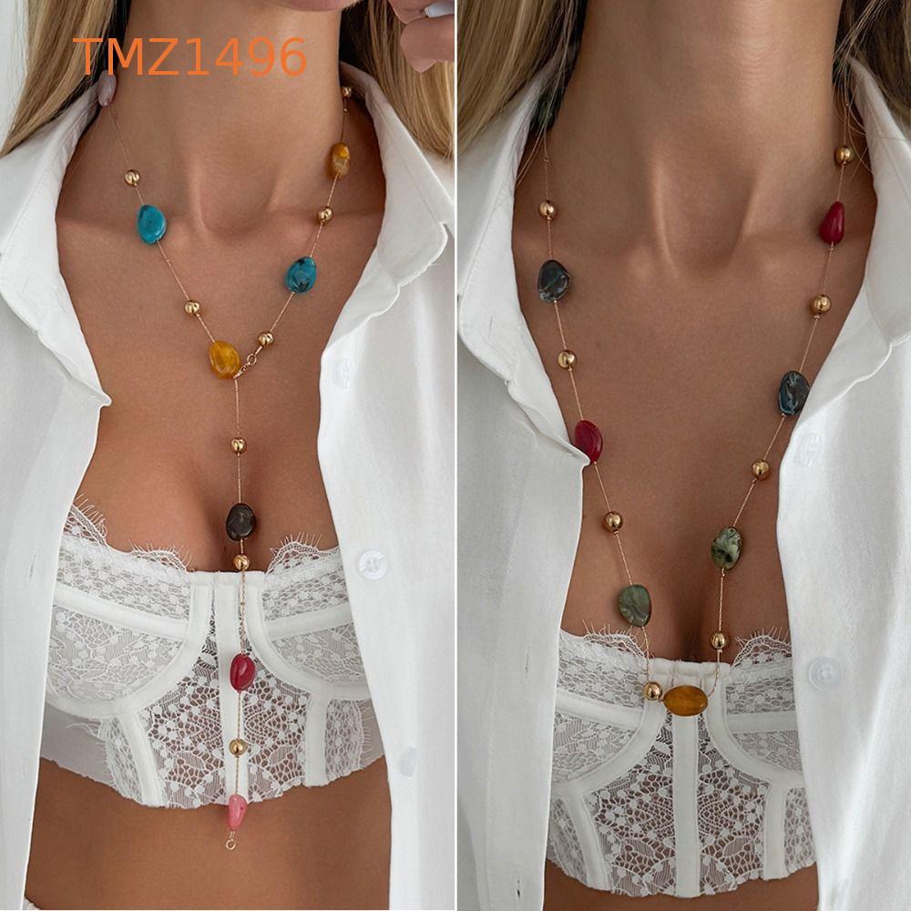 TMZ1496 สร้อยคอลูกปัดหลากสี, สร้อยคอสไตล์โบฮีเมียนสียาว, แฟชั่น Boho Cross Layered Gold เครื่องประดั