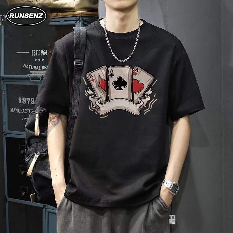M‐8XL แฟชั่น Retro Poker Card พิมพ์ด้านบนผู้ชาย Plus ขนาด Oversize เสื้อยืดแขนสั้น American Street T