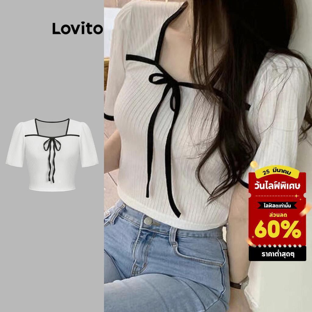 Lovito สง่างาม เสื้อยืด ผ้าเท็กซ์เจอร์ ผูกเชือก กุ๊นขอบสีตัดกัน สีพื้น สไตล์ สำหรับผู้หญิง เกาหลี อินเทรนด์ L114AD399