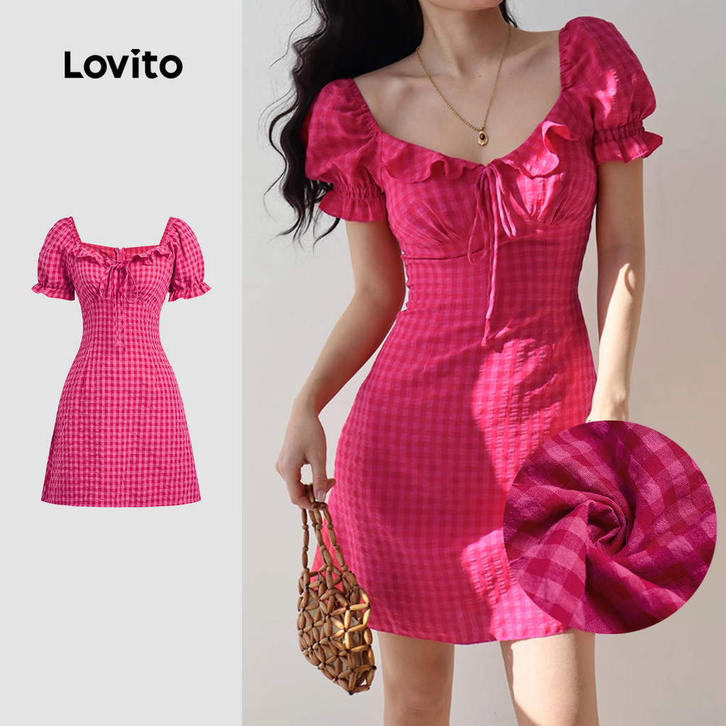 Lovito เดรส แต่งซิป แบบผูกเชือก สีพื้น ลำลอง สำหรับผู้หญิง L133ED837