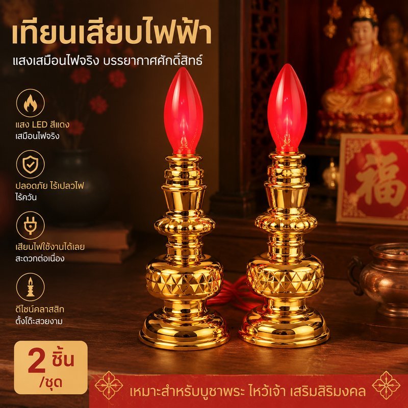 เทียนไฟฟ้า โคมไฟเทียน ชุดคู่พร้อมหลอด LED ขั้วเกลียว E12 เปิดใช้งานด้วยปลั๊ก เหมาะกับหิ้งพระ ศาลเจ้า และโต๊ะบูชา