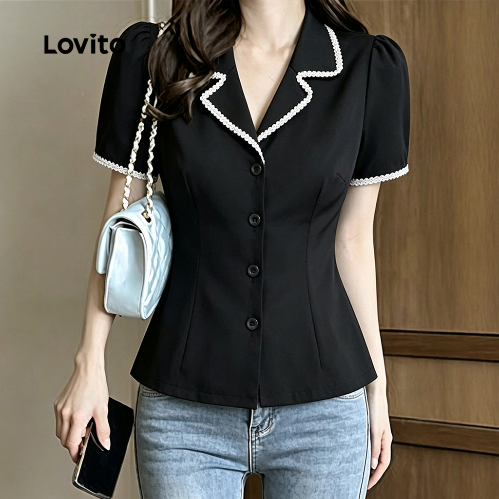 Lovito بلوزة نسائية سوداء بدانتيل — صورة 4