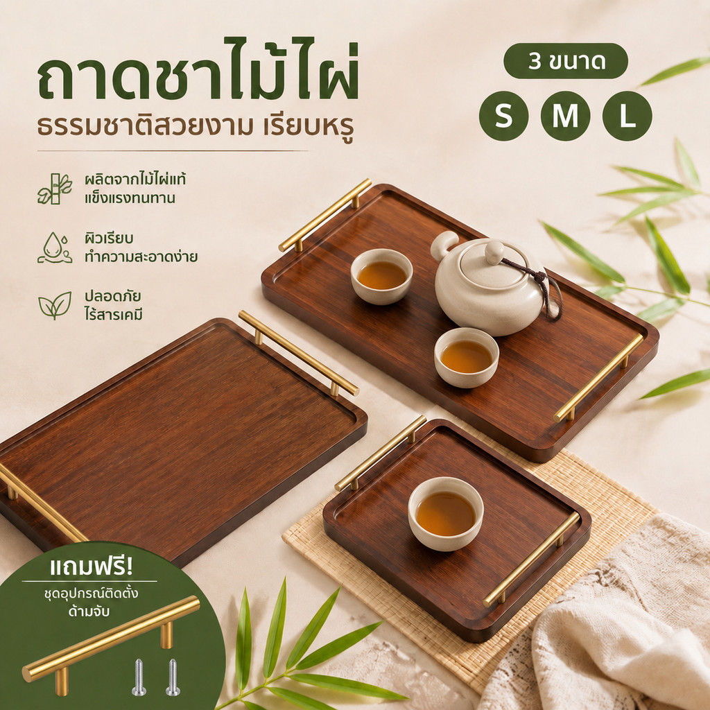 ถาดชาไม้ไผ่ทรงสี่เหลี่ยม มีหูหิ้ว สไตล์โมเดิร์นญี่ปุ่น เรียบง่าย ถาดเสิร์ฟอเนกประสงค์ เหมาะบ้าน โรงแรม ร้านกาแฟ