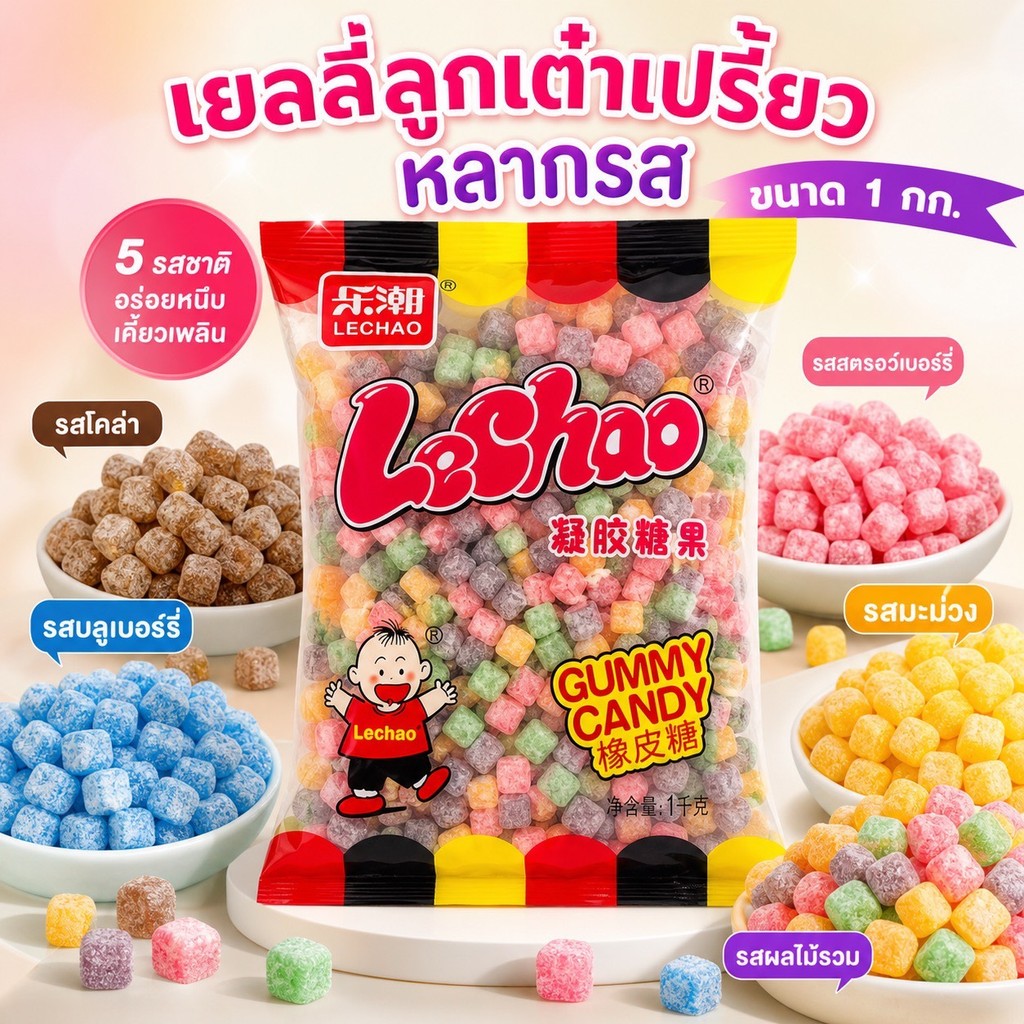เยลลี่ลูกเต๋าเกล็ดน้ำแข็งเปรี้ยว Lechao ขนาดสุดคุ้ม 1 กิโลกรัม รสชาติผลไม้รวม เปรี้ยวหวานครบรส เคี้ยวหนึบทุกก้อนฟิน!