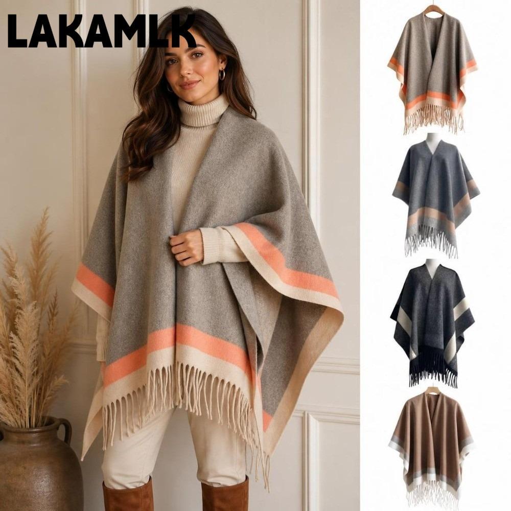 LAKAMLK เปิดด้านหน้า Cape Shawl, Warm ขนาดใหญ่ลาย Border Poncho, แฟชั่นนุ่มสบายขอบพู่ Poncho Wrap สํ