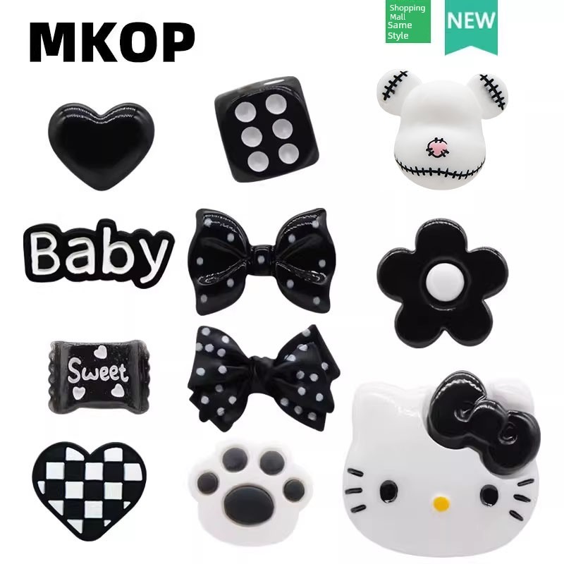 จิบิ จิ๊บบิท crocs Diy diy Mkop Bow สีดําสีขาวเหมาะสําหรับรองเท้ารู