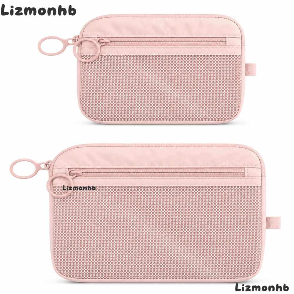 LIZMOLI Travel Organizer,Double Layer Pink Mesh Storage Pouch, Zipper Portable Nylon Cosmetic Bag fo