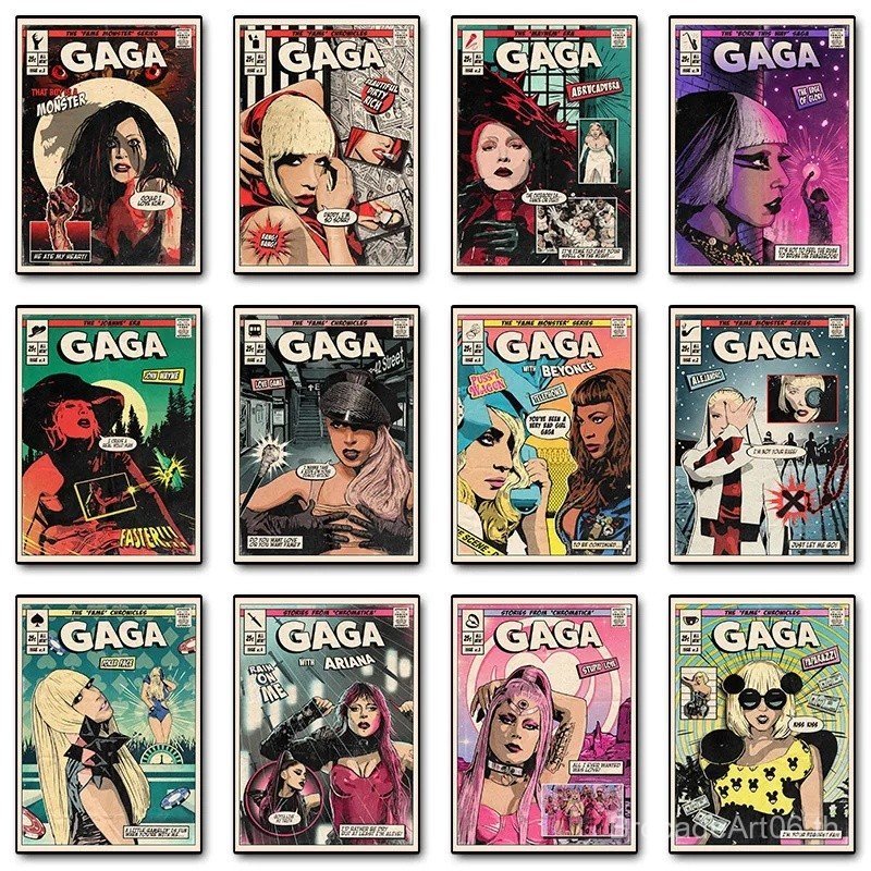 นักร้องที่มีชื่อเสียง Lady Gaga Vintage การ์ตูน Pop เพลงอัลบั้มโปสเตอร์พิมพ์ Wall Art ภาพผ้าใบภาพวาด