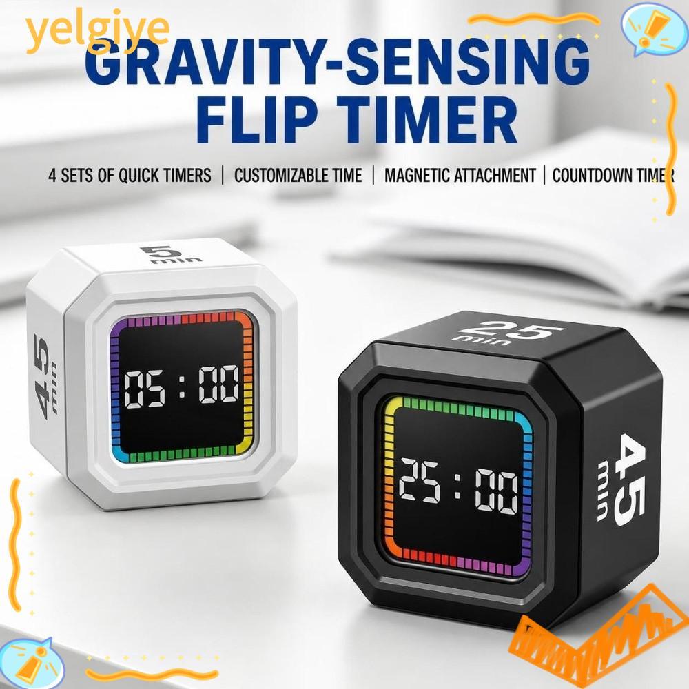 YELGIYE Digital Flipping Timer, Gravity Sensing ชาร์จ Pomodoro Timer Cube, 5/10/25/40min Custom Coun