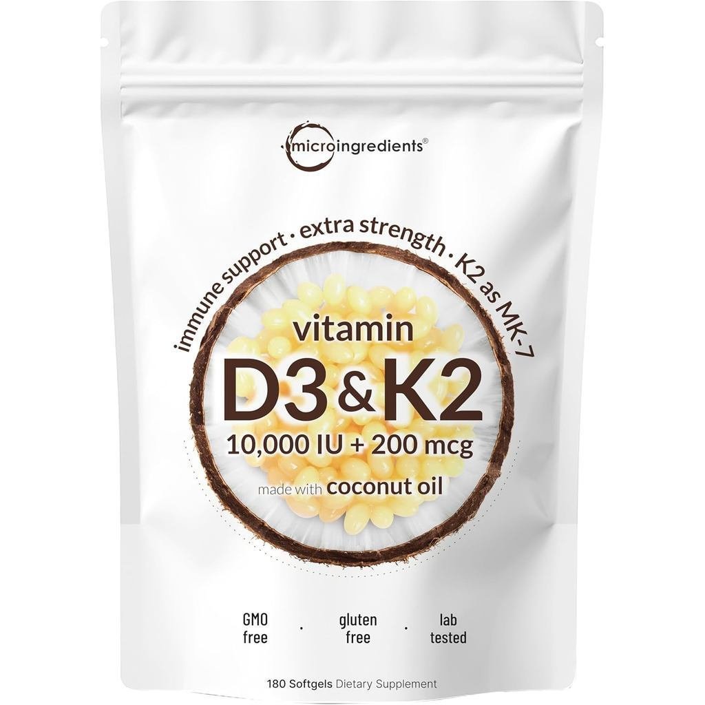 MicroIngredientsVitaminD310,000IU+K2MK-7200mcg,180SoftgelswithVirginCoconutOil|2-in-1VitaminsD&KComp