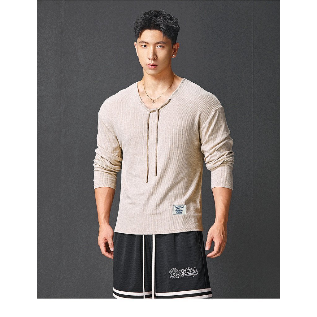 TOMATOPAPA ผู้ชายสไตล์ลําลอง V คอ Laced-Up เสื้อกันหนาวแขนยาว-Bottomingเสื้อ Lyocell ฤดูใบไม้ร่วงกีฬาฟิตเนส — صورة 6