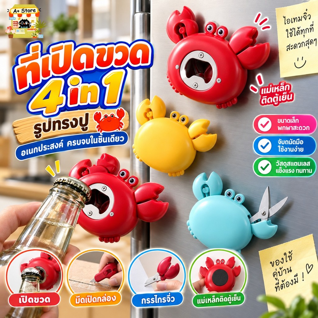 COD ที่เปิดขวดแม่เหล็ก รูปร่างปู 4in1 ติดตู้เย็น สแตนเลส มาพร้อมกับกรรไกร สามารถเปิดกล่องพัสดุได้
