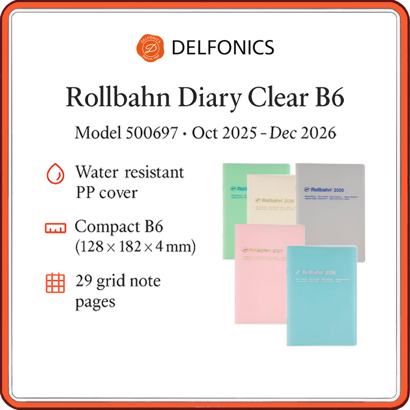 Delfonics Rollbahn Clear B6 Monthly Planner 2026 (Oct 2025 Start) – Compact Water-Resistant PP Cover