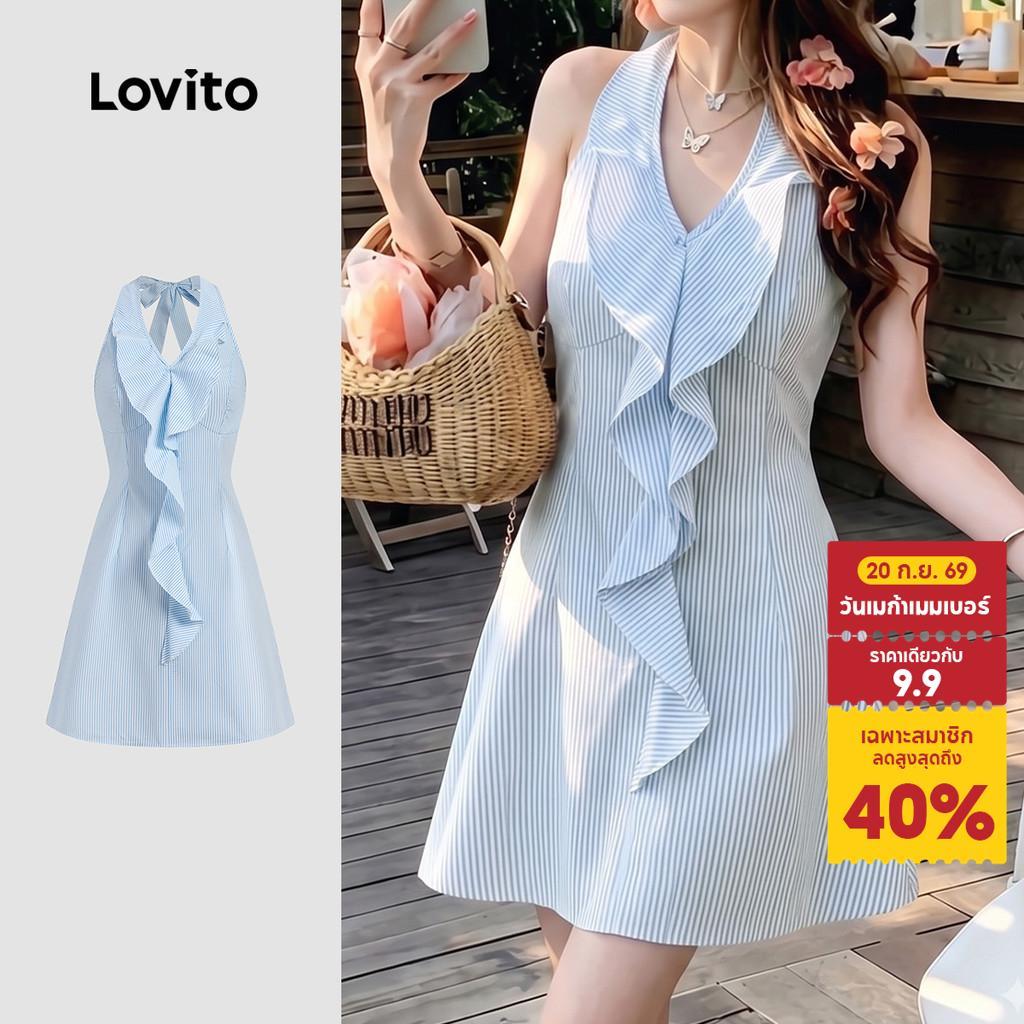 Lovito เดรสผู้หญิงสีฟ้าลายแพทเทิร์นระบาย สําหรับฤดูใบไม้ผลิ/ฤดูร้อน แบบสบาย ๆ ประจำวัน เกาหลี อินเทรนด์ เดรสเที่ยวเขา L200AD261