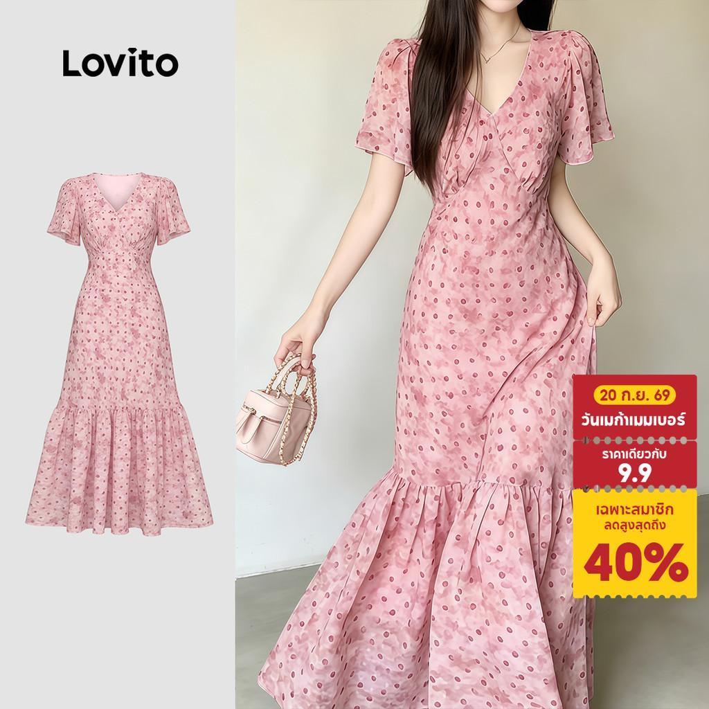 Lovito เดรสสีเทาอมชมพูสไตล์หรู ชายระบาย สําหรับฤดูใบไม้ผลิ/ฤดูร้อนของผู้หญิง LK7ED198