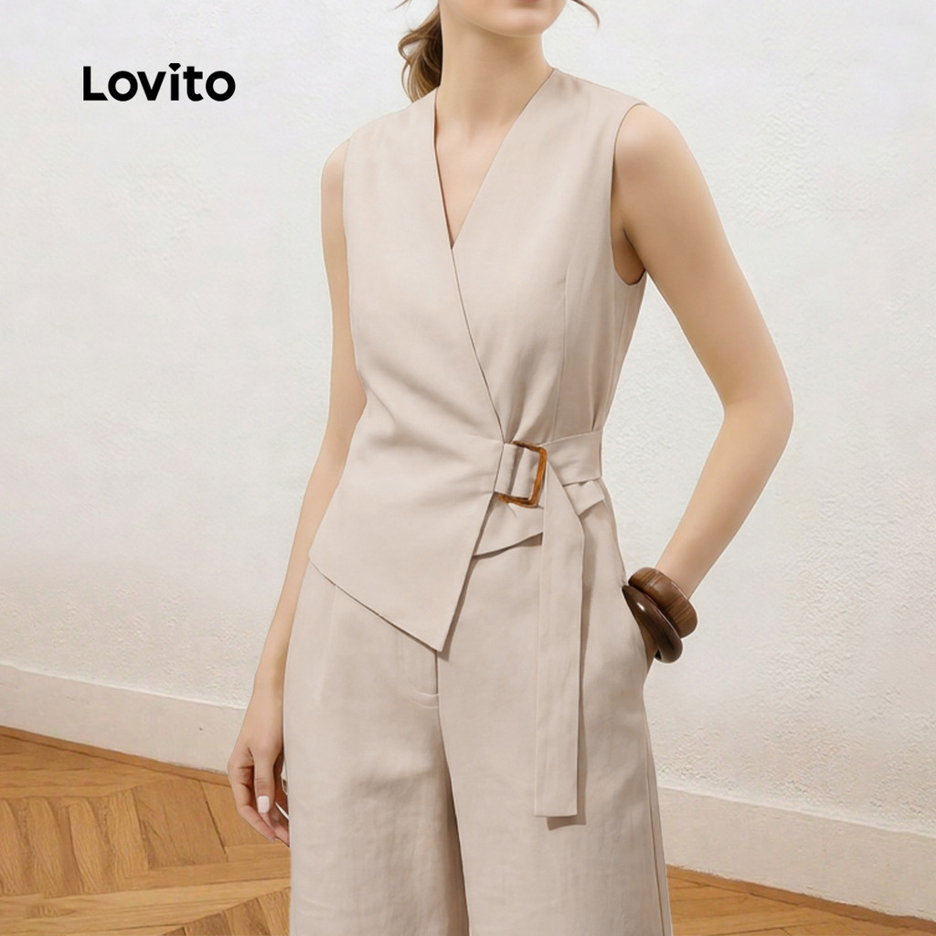 Lovito بدلة نسائية خاكي غير متماثلة — صورة 3