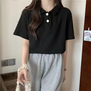 Hotgirl พร้อมส่ง เสื้อโปโล เสื้อยืดโปโลผู้หญิง ผ้าวาฟเฟิลพื้นฐาน แขนสั้น ทรงหลวม ดูเรียบร้อย ใส่เข้างานไปเที่ยว
