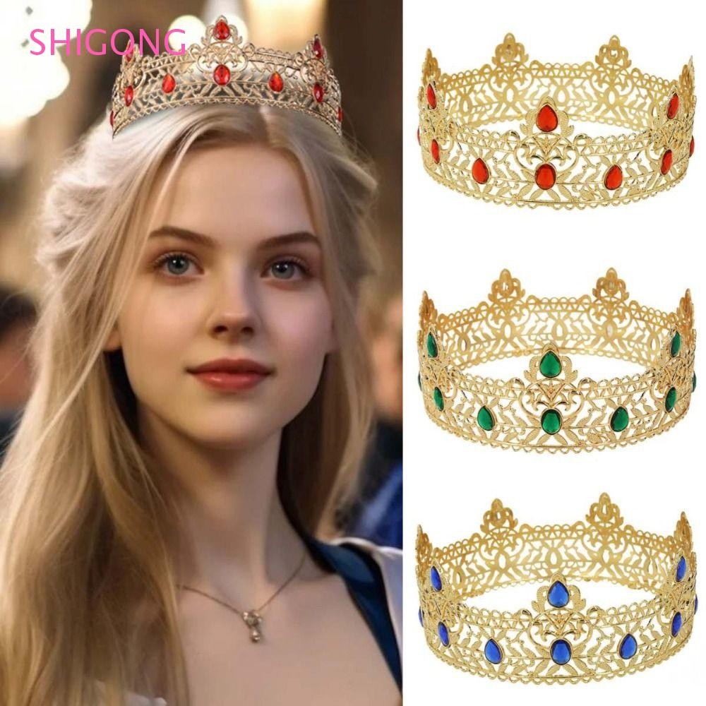 SHIGONG King Crown, Luxury Round Baroque Pageant Crowns, Metal Hair Jewelry Headpieces ประกายเค้ก To