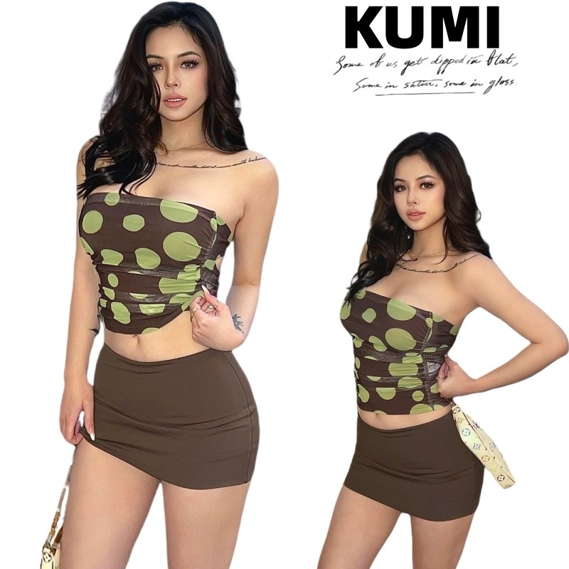 KUMI พร้อมส่ง ขุดเซ็ต เสื้อครอปแขนกุด+กระโปรงสั้น ลายจุด Polkadot ทรงรัดรูป ชุดไปทะเล ดีไซน์เก๋ เซ็กซี่แฟชั่น สีน้ำตาล – โปรปัง