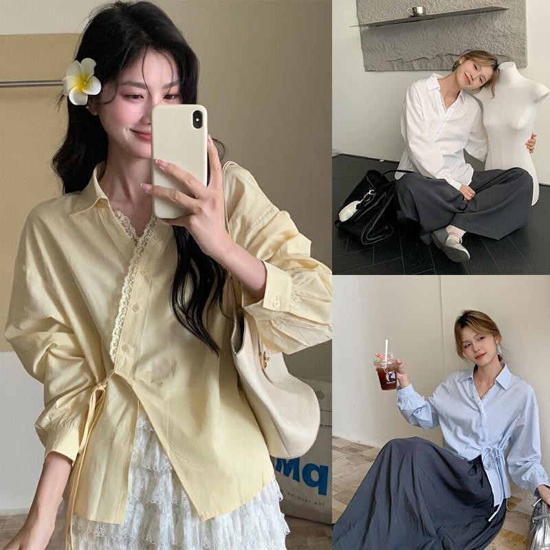 ohho พร้อมส่งจากไทย เสื้อเชิ้ตแขนยาว สายลักชู กระดุมไขว้หน้า ผูกโบว์ข้าง สไตล์เกาหลี สำหรับผู้หญิง#99199