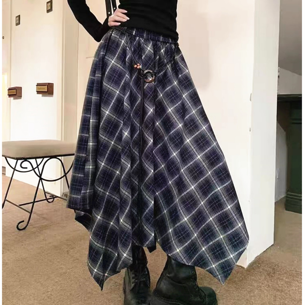 กระโปรงลายสก็อต A-line พรางพุง ทรงสวิงขนาดใหญ่ ความยาวระดับกลาง เอวสูง สไตล์เรโทรสำหรับฤดูใบไม้ร่วง