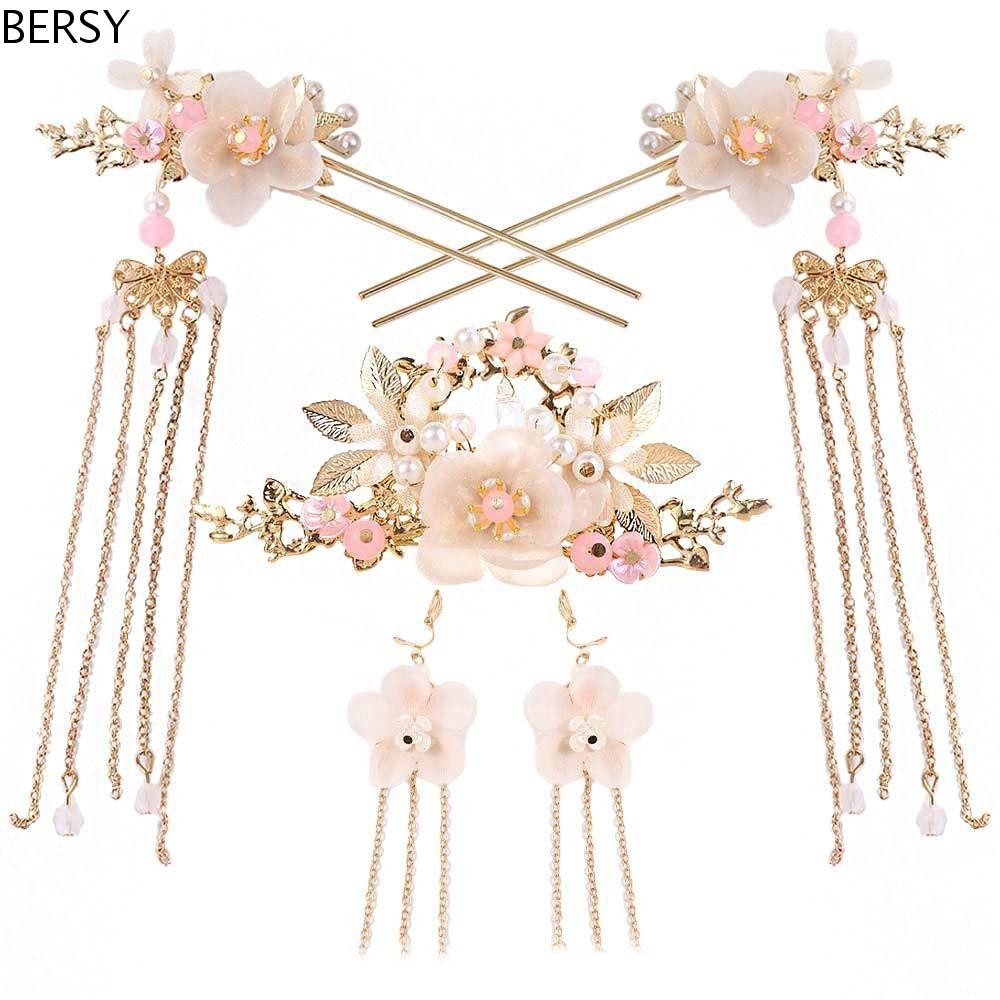 Bersy Headwear ชุด Hairpins อุปกรณ์เสริมผมจีนพู่ดอกไม้ Handmade แฟชั่นหวีผม