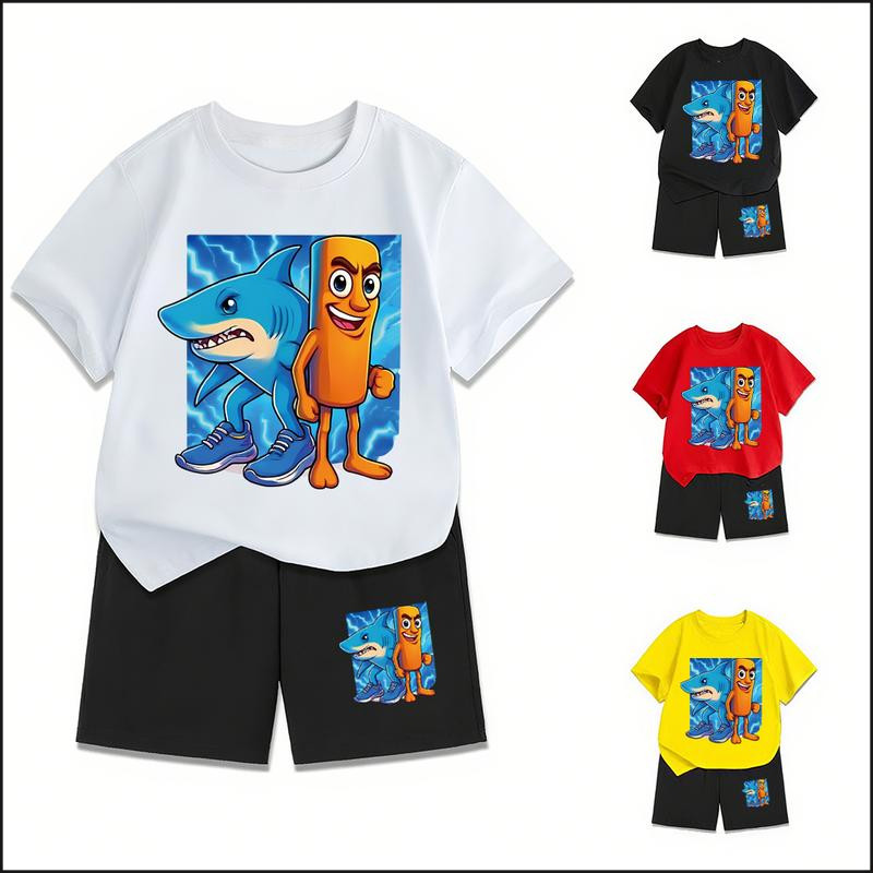 จัดส่งจากประเทศไทย จัดส่งภายใน 24 ชั่วโมง เด็กผู้ชาย คอกลม กีฬาลําลอง เสื้อผ้าเด็ก กางเกงขาสั้นหลวม เรียบง่าย พิมพ์ลายกา